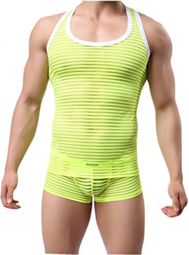 Men's Sexy Lingerie Sets Stripe See-through Slim Vest Low Waist Boxers Underwear (M, Yellow)