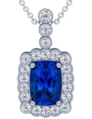 18K White Gold Cushion Cut Blue Sapphire And Round Diamond Pendant (GIA Certificate)