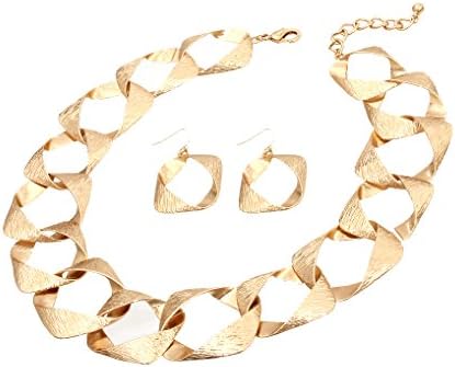 Belle Pink Gold Tone Texture Metal Chunky Bold Linked Chain Necklace Set, 18 Inches