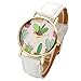 Top Plaza Casual Fashion Potted Plant Cactaceae Dial Non Scale Golden Alloy Case PU Leather Strap Analog Quartz Wrist Watch-White