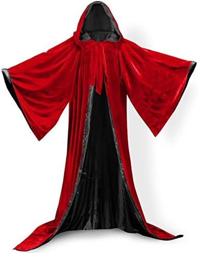 PingFeng Wizard Robe Velvet Hood Cloak Wicca LARP Goth Costume Red-Black XL