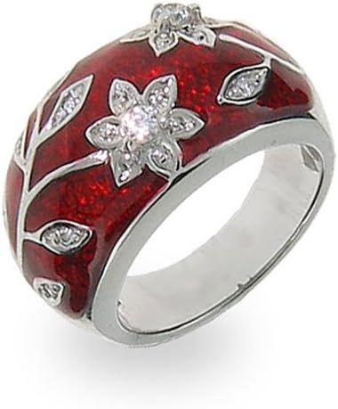 Ruby Red Enamel Ring with Vintage CZ Flower Design