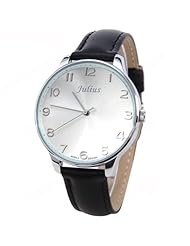 (JULIUS) Genuine Leather Band Quartz Watch Wrist Analog Watch Wristwatch with Big Round Case for Woman - Black SWWT1-272151