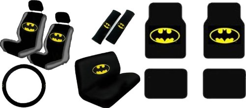  15 Piece Auto Interior Gift Set - Batman Classic Logo - 2 Front Seat Covers (2 Front and 2 Bottom), 2 Headrest Covers, 2 Seat Belt Shoulder Pads, 1 Steering Wheel Cover, 1 Bench Seat Cover (1 Top and 1 Bottom), 4 Floor Mats (2 Front and 2 Rear)
