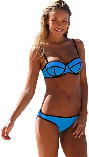 PEEYOO Women's Plain Bikini Hater Backless Gather Swimwear(blue,S)