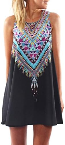 Englady Women's Vintage Tribal Print Sleeveless Shift Dress Mini Beach Dress