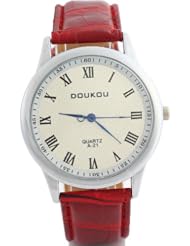 HACBIWA Unisex Mens Womens Red Band Roman Numerals Retro Leatheroid Quartz Wrist Watch