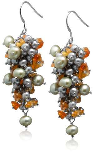 Natural/Dyed Freshwater Cultured Pearl & Carnelian Cluster Dangle Earrings