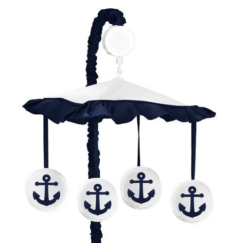 Anchors Away Nautical Navy and White Musical Baby Crib Mobile