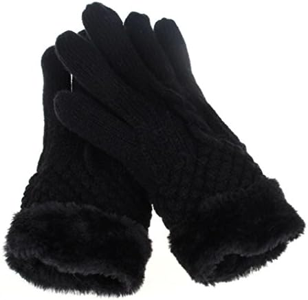 Datework Women Winter Warm Knitted Thick Fur Lining Full Finger Gloves (Black)