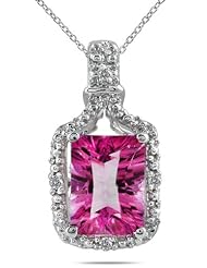 8x6mm Emerald Cut Pink Topaz and Diamond Pendant in .925 Sterling Silver