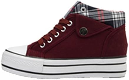 Wuyiwan Womens Increase Casual Fashionable Lace-up Plaid Plats Canvas Shoes(8.5 B(M) US, Red)