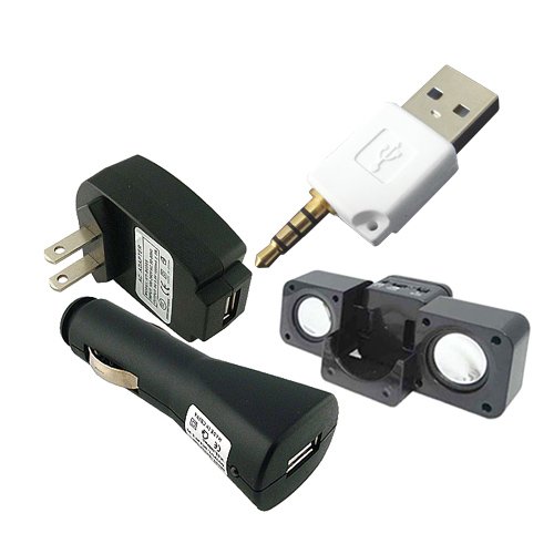 Premium Rapid USB Charger Adapters :Wall+Car and USB Cable Adapter with Portable Speaker for Apple Ipod Shuffle 2nd Generation