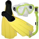 PROMATE Junior Snorkeling Scuba Dive PURGE Mask DRY Snorkel FULL FOOT Fins Gear Set for kids - Yellow - XXS Shoe 1-3 - Age 6-9 yrs