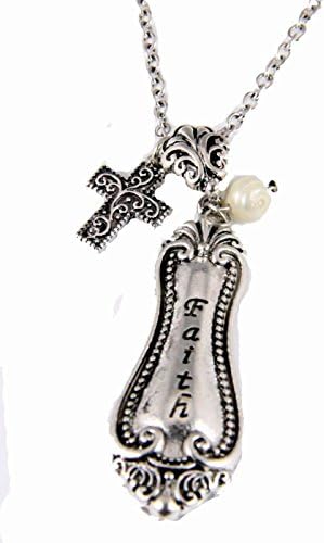 4030352 Old Fashioned Spoon Style FAITH Necklace with Charms Ornate Inspirational Gift