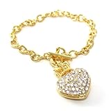Designer Look Crystal Heart Crown Charm Toggle Bracelet Gold Tone Comes Gift Boxed