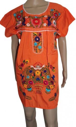 Embroidered Mexican Peasant Half Mini Short Dress Tunic (Orange size Small)