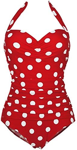 Chisen Vintage Polka One Piece Swimwear Monokinis (2XL, red)
