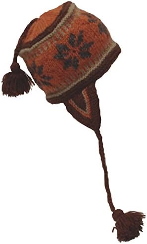 Nepal Hand Knit Sherpa Hat with Ear Flaps, Trapper Ski Heavy Wool Fleeced Lined Cap (Orange/Brown)