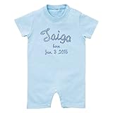 名前入り ショート ロンパース [HR153] 70cm ライトブルー×ブルーロゴ 出産祝い 誕生日 プレゼント おしゃれな 名入れ ベビー服