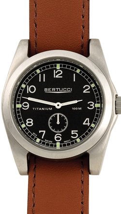 Bertucci A-3T Vintage 42 Men’s Titanium Watch – British Tan Leather Strap – Black Dial – 13301