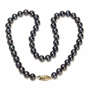 14k Yellow Gold Dyed Peacock Black Freshwater Cultured Pearl AA Grade 7.5-8mm... by