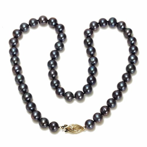 14k Yellow Gold Dyed Peacock Black Freshwater Cultured Pearl AA Grade 7.5-8mm Necklace, 16"