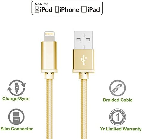 GGI 2 Pack Premium Nylon Braided (Gold) Micro Iphone USB Charger Cable 60in Long Nylon Braided USB Sync Charge Cable Cord Charger with Aluminum Connector for iPhone 6s/6s Plus/6/6Plus/5s/5c/5, iPad...