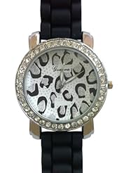 Geneva Womens Black Silver Leopard Face Big Dial Watch Silicone Jelly Band Silver Tone CZ Rhinestone Accented Bling Bezel