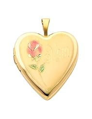 14K Yellow Gold Flower Enamel Engraved Heart "Mom" Locket Pendant (0.8" Inches or 20mm)