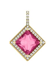 10K Yellow Gold 8.00x8.00mm Princess Cut Pink Tourmaline and Diamond Pendant