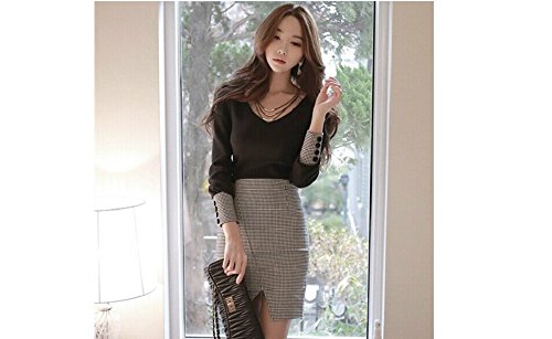 [Kapua] スリット アンサンブル ワンピース 千鳥 格子  ドッキング 長袖 レディース