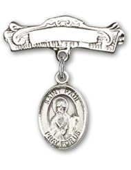 Sterling Silver Baby Badge with St. Paul the Apostle Charm and Arched Polished Badge Pin