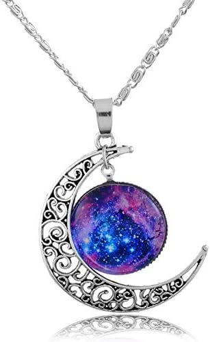 Longil Hollow Out Silver-tone Galaxy Crescent Moon Pendant Necklace for Women (Blue)