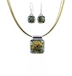 Necklace and Earrings Set - XS-43 - Genuine Handmade Dichroic Glass Pendant and Earrings - Hung on a 16" Stainless Steel Gold Colored Multi-Strand Cord + 2" Extension Chain and French Wires ~ All Findings and Earring wires are made of .925 Sterling Silver