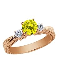 1.00 Ct Round Canary and G/H Diamond 925 Rose Gold Plated Silver 3-Stone Ring