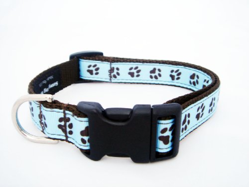Xsmall Blue/Chocolate Puppy Paws - Nylon Webbing Dog Collar: 1/2