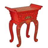 Handmade Asian Furniture - 26" Red Tibetan Console / End Table With Painted Peonies - Pagoda Shape