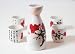 5 Piece Sake Set - Small Size Contemporary Sake Flask with Sake Cups / White Ceramic with Red Cherry Blossom Floral Design / Asian Calligraphy Edging