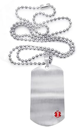 Large Brushed Chrome Stainless Steel Medical Dog Tag with Red Medical Alert Logo. 24" Bead Chain Included - Free Engraving