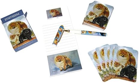 Dog Lover's Gift Set! - 4 Piece Bundle- One Custom Fine Art Writing Pen, One Matching Magnetic List Pad, One Matching Decorative Magnet, One Matching Deck Playing Cards (Pomeranian)