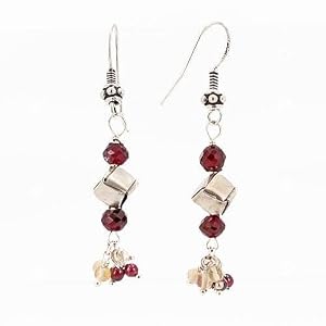 Garnet and Citrine Gemstone Earrings with a Sterling Silver Woven Cube Bead, #7478