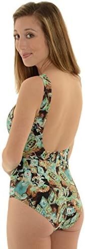 Alianae Womens 1 Piece Turquoise Brown Paisley Bathing Suit Scoop Tank Swimsuit Sizes: 12