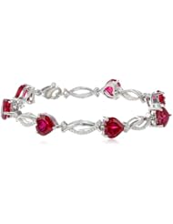 Sterling Silver Heart Created Ruby and Genuine White Diamonds Bracelet, 7.25"