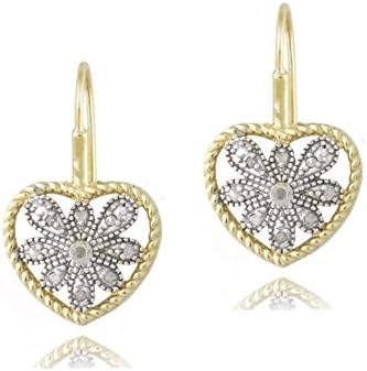 Gold over 925 Silver Two Tone 1/10ct Diamond Filigree Heart Leverback Earrings