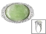 APPROXIMATELY 13X10MM CABOCHON GREEN JADE AND DIAMOND ACCENT STERLING SILVER RING