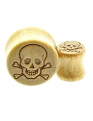 Jewelry: Wooden Ear Plug with Engraved Skull & Crossbones Design Sold As a Pair - 00 Gauge -1/2" - 9/16" - 5/8" - 11/16" - Linsay jewllery