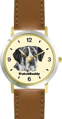 St. Bernard (SC) Dog - WATCHBUDDY® DESIGNER DELUXE TWO-TONE THEME WATCH - Arabic Numbers-SAND & SOIL STYLE - Pale Yellow Dial with Brown Leather Strap-Size-Large ( Men's Size or Jumbo Women's Size )