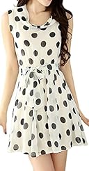 Sexy Summer Sleeveless Belted Cocktail Chiffon Flared-Skirt Polka Dot Print Party Dress 