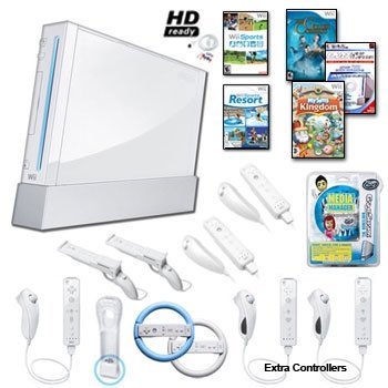 Nintendo Wii White Holiday Family Bundle with Extra Remotes and Nunchucks, Games, Wheels, and Much More
